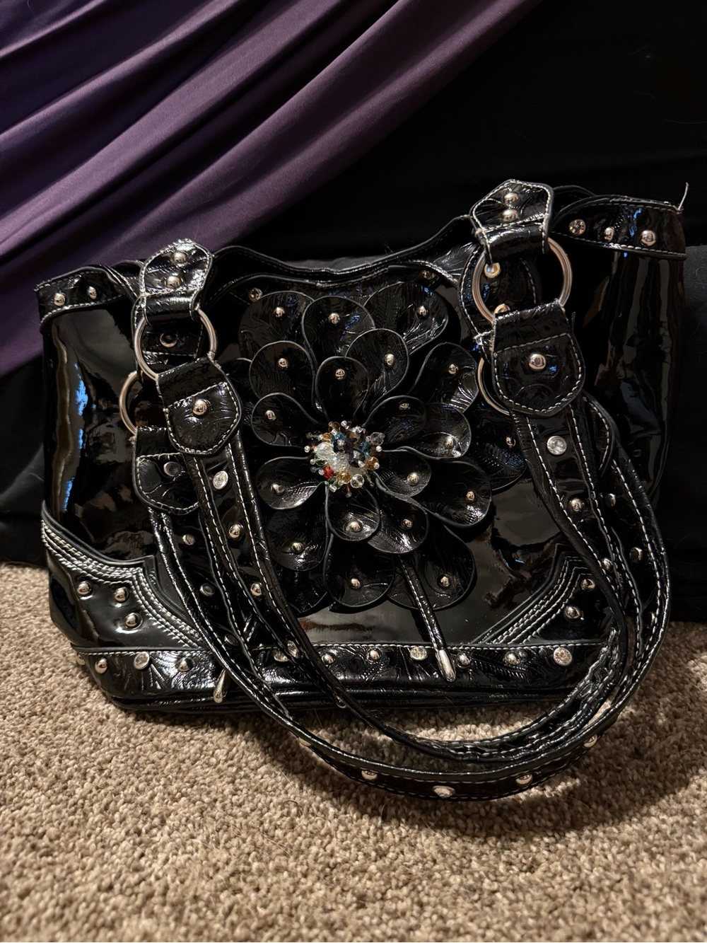 Black Patent Shoulder Bag with Floral Jewel Accent